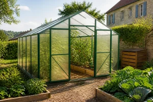 Serre polycarbonate Oogarden dans un jardin français avec composteur en bois et potager surélevé
