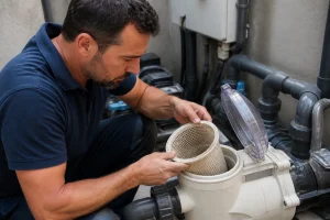 Technicien inspectant le préfiltre d'une pompe de piscine en panne dans un local technique