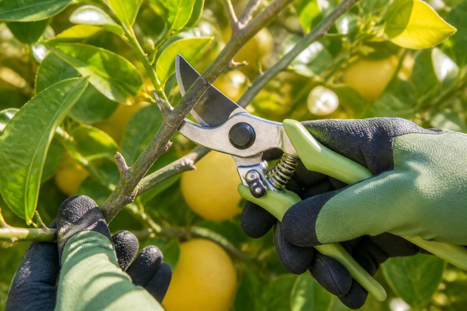 Taille d'un citronnier avec sécateur propre au printemps, feuilles et petits citrons visibles en arrière-plan