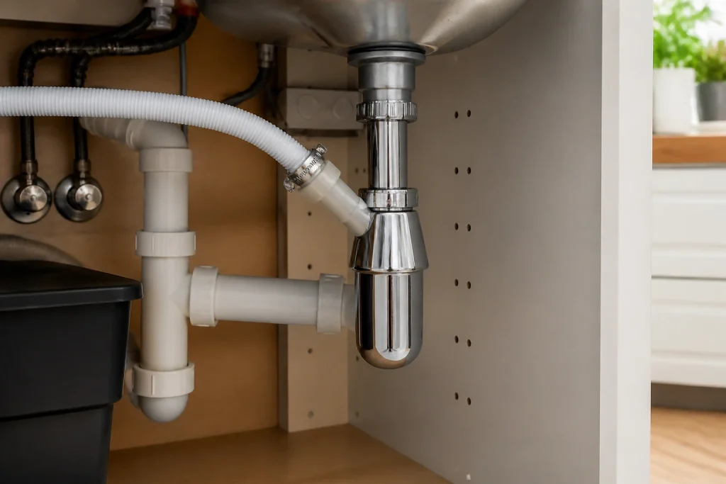 Tuyau d'évacuation de lave-vaisselle raccordé au siphon de l'évier sous un meuble de cuisine