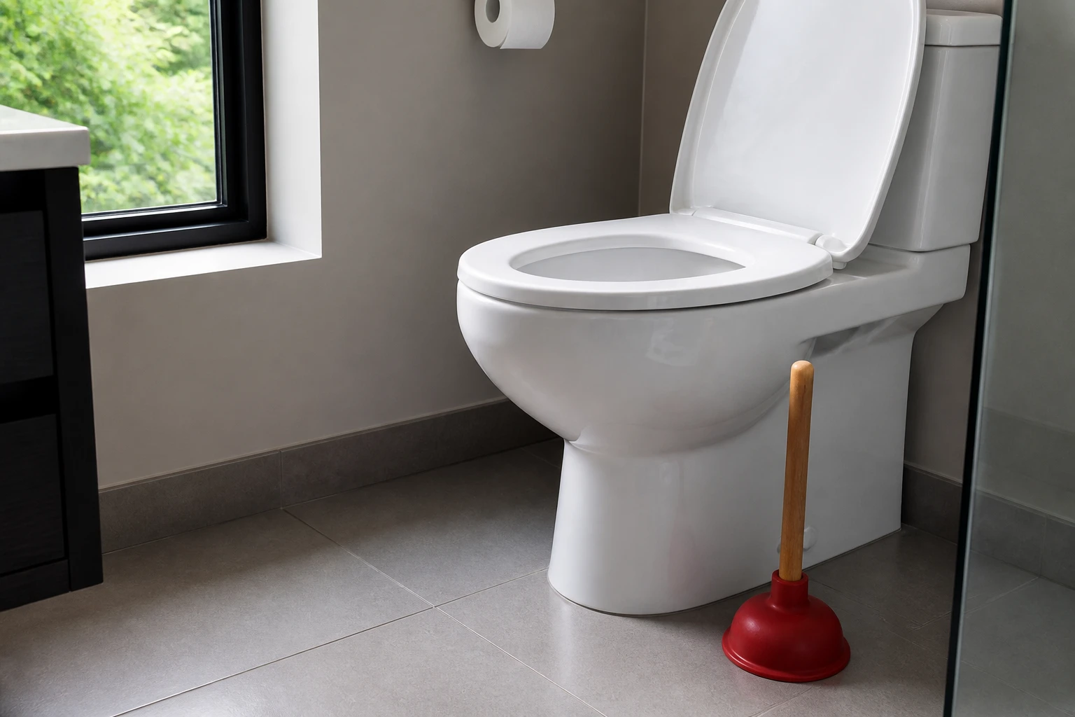 Ventouse posée au sol devant des toilettes blanches dans une salle de bain lumineuse