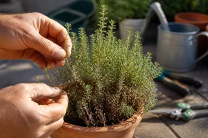 Plant de thym en pot avec tiges sèches et vertes, test de souplesse d'une tige à la main