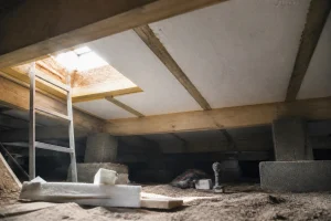 Vide sanitaire de maison isolé avec panneaux de polystyrène entre les solives du plancher
