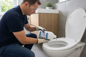 Personne équipée de gants et lunettes de protection versant de l'acide chlorhydrique dans une cuvette de WC entartrée