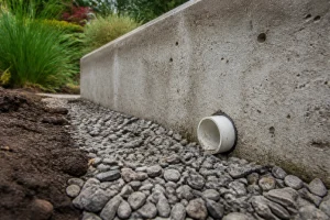 Barbacane en tuyau PVC installée à la base d'un mur de soutènement en béton avec gravier drainant