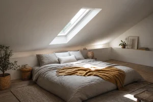 Chambre sous comble très bas avec lit bas adapté à la pente et fenêtre de toit