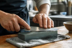 Aiguisage d'un couteau de cuisine à la pierre à aiguiser, geste précis en gros plan