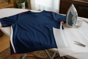 Maillot de football sur planche à repasser avec fer, papier sulfurisé et pince à épiler pour enlever un flocage