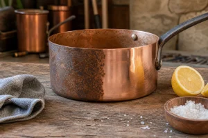 Casserole en cuivre à moitié nettoyée avec chiffon, citron et sel sur plan de travail en bois
