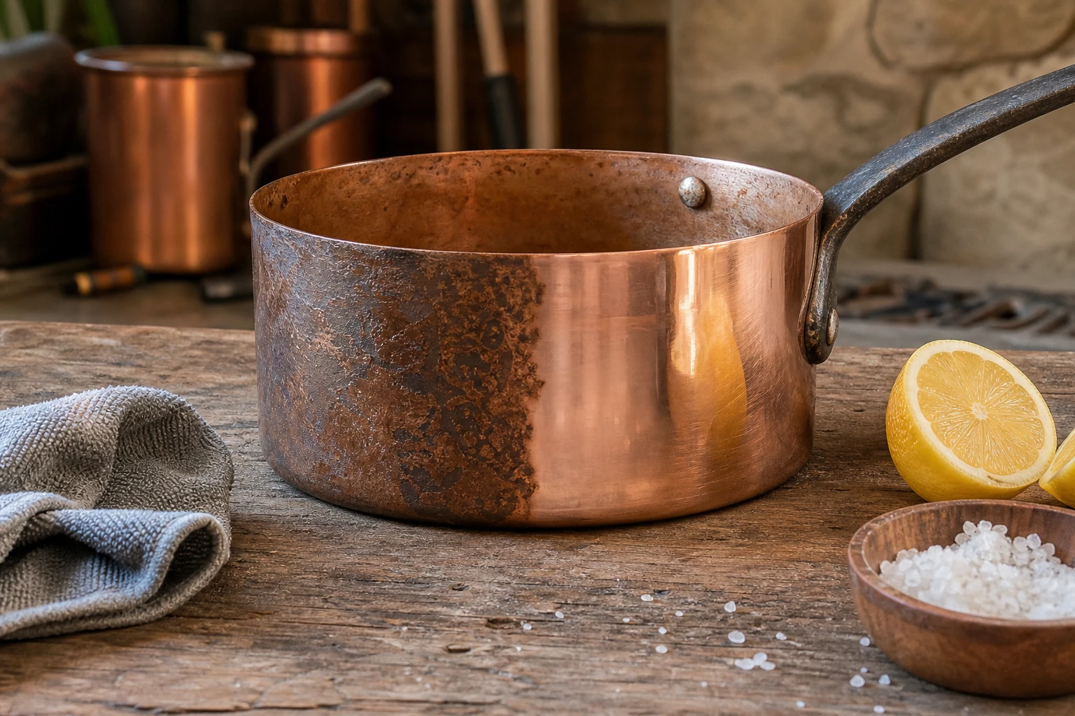 Casserole en cuivre à moitié nettoyée avec chiffon, citron et sel sur plan de travail en bois
