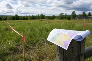 Terrain à bâtir délimité par des piquets d'arpentage avec plan de zonage posé sur une clôture