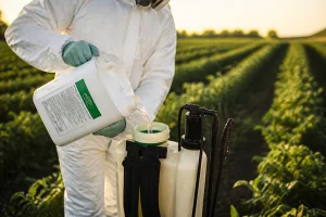 Agriculteur en équipement de protection dosant un produit phytosanitaire dans un pulvérisateur en plein champ