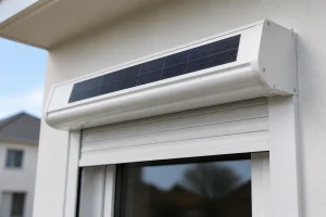 Coffre de volet roulant solaire avec panneau photovoltaïque installé au-dessus d'une fenêtre