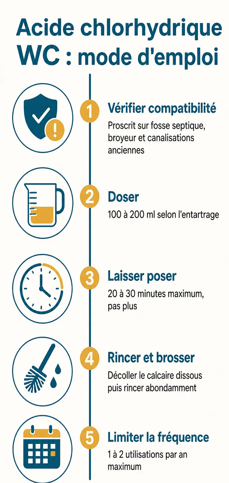 Acide chlorhydrique WC : mode d'emploi : 1. Vérifier compatibilité, 2. Doser, 3. Laisser poser, 4. Rincer et brosser, 5. Limiter la fréquence