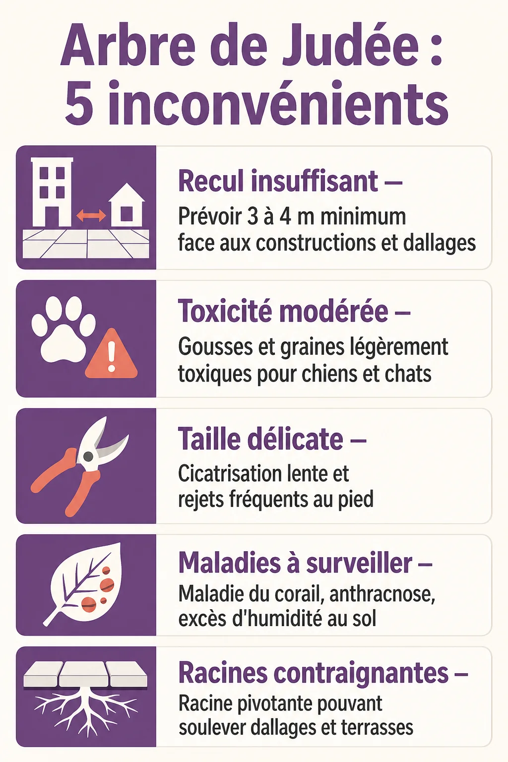 Arbre de Judée : 5 inconvénients : Recul insuffisant, Toxicité modérée, Taille délicate, Maladies à surveiller, Racines contraignantes