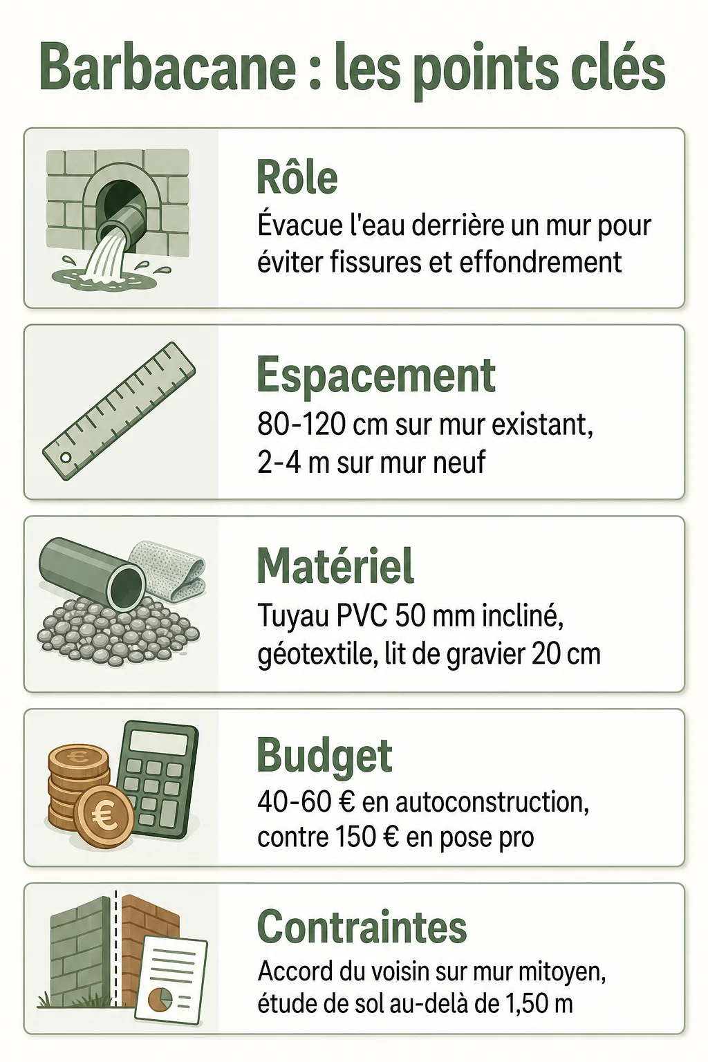 Barbacane : les points clés : Rôle, Espacement, Matériel, Budget, Contraintes