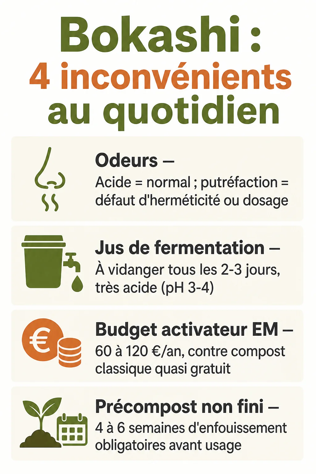 Bokashi : 4 inconvénients au quotidien : Odeurs, Jus de fermentation, Budget activateur EM, Précompost non fini