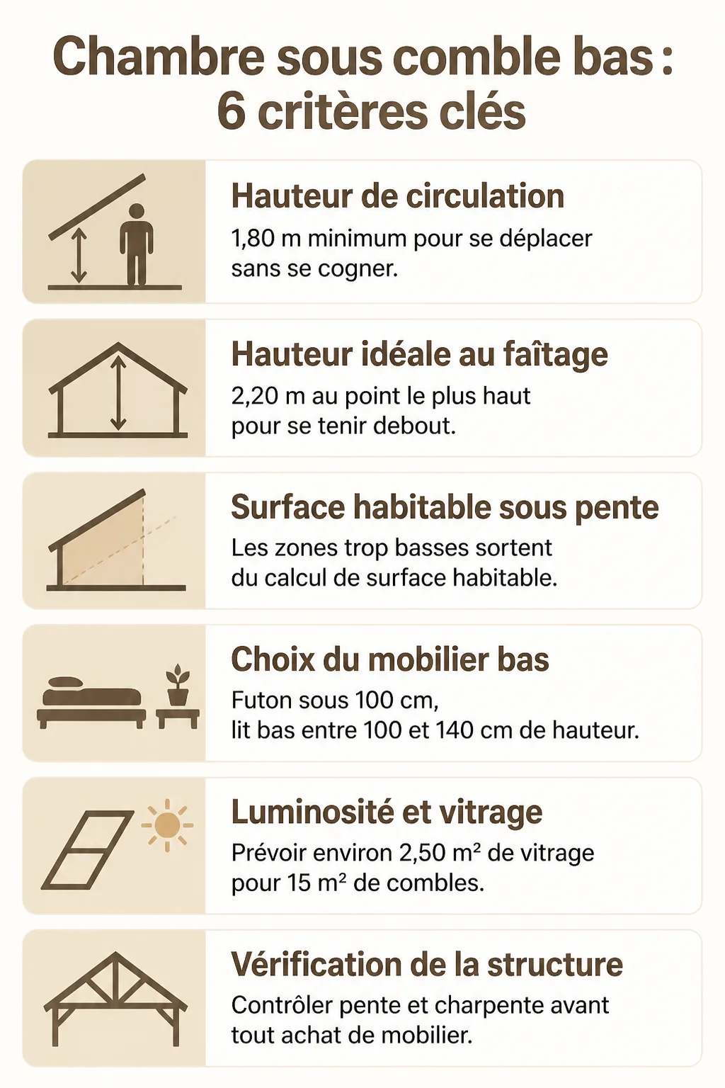 Chambre sous comble bas : 6 critères clés : Hauteur de circulation, Hauteur idéale au faîtage, Surface habitable sous pente, Choix du mobilier bas, Luminosité et vitrage, Vérification de la structure