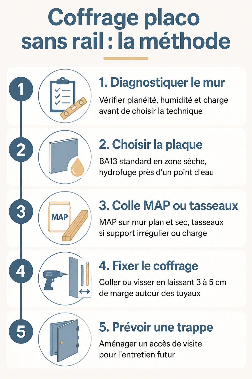 Coffrage placo sans rail : la méthode : 1. Diagnostiquer le mur, 2. Choisir la plaque, 3. Colle MAP ou tasseaux, 4. Fixer le coffrage, 5. Prévoir une trappe