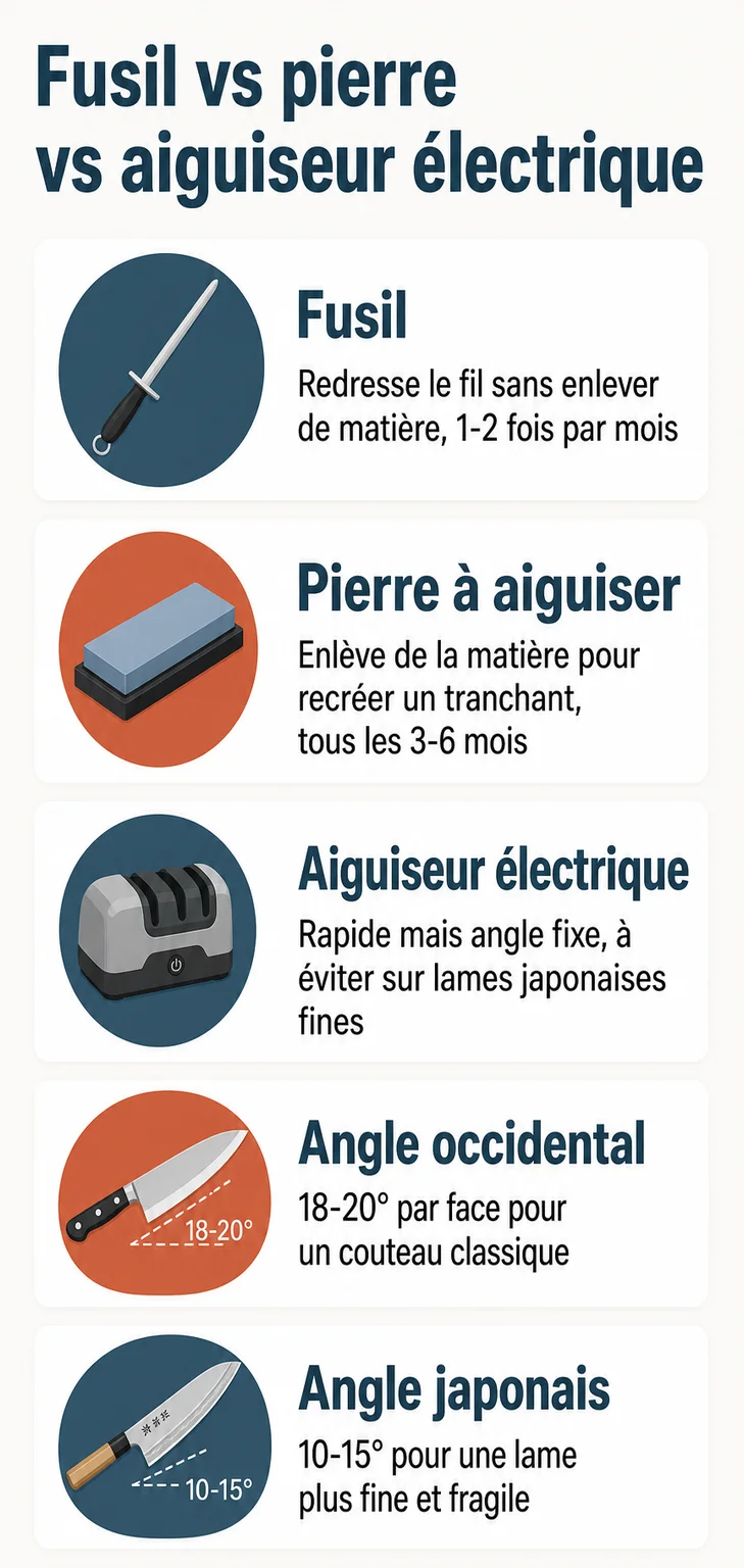Fusil vs pierre vs aiguiseur électrique : Fusil, Pierre à aiguiser, Aiguiseur électrique, Angle occidental, Angle japonais