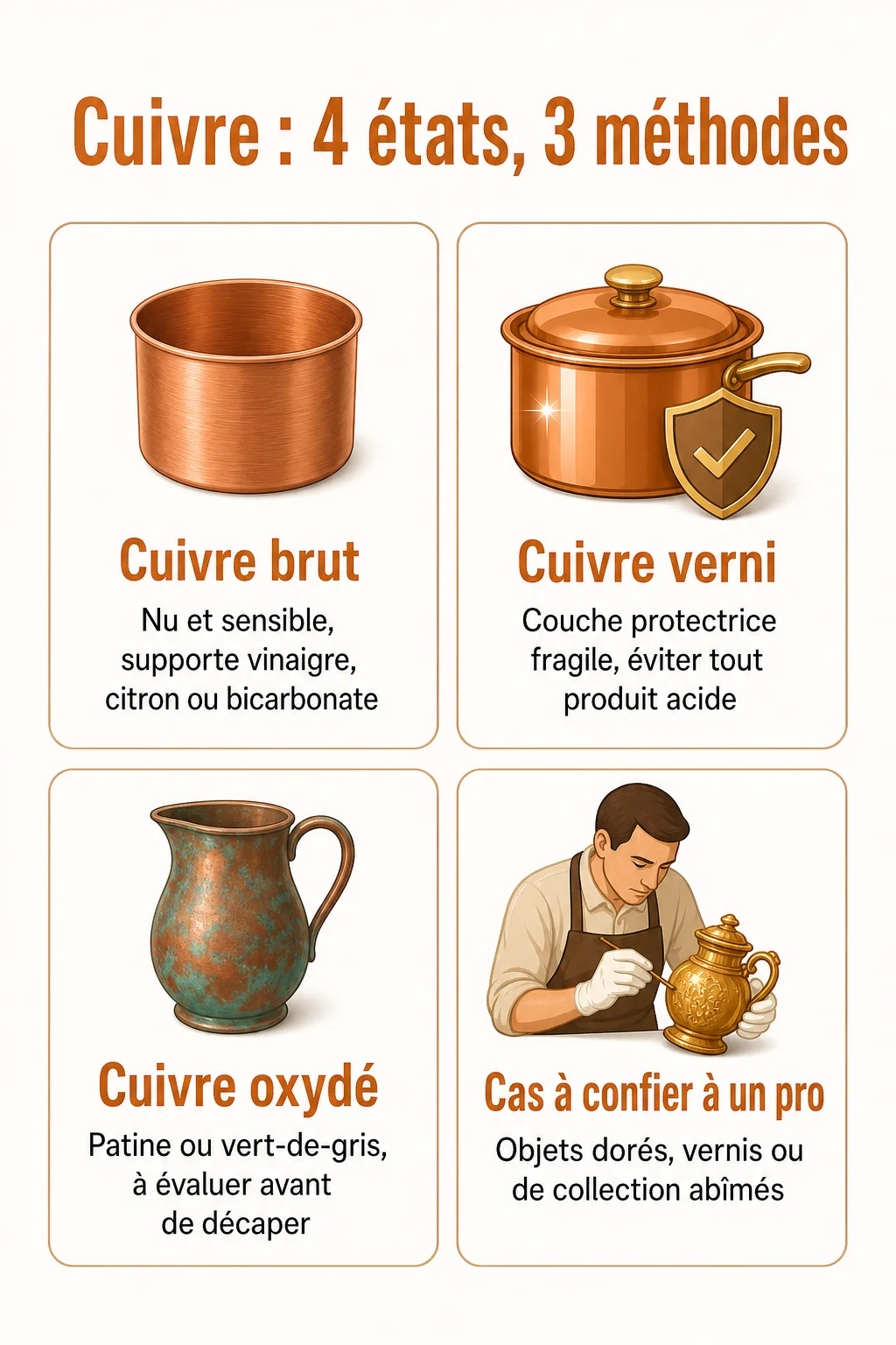 Cuivre : 4 états, 3 méthodes : Cuivre brut, Cuivre verni, Cuivre oxydé, Cas à confier à un pro
