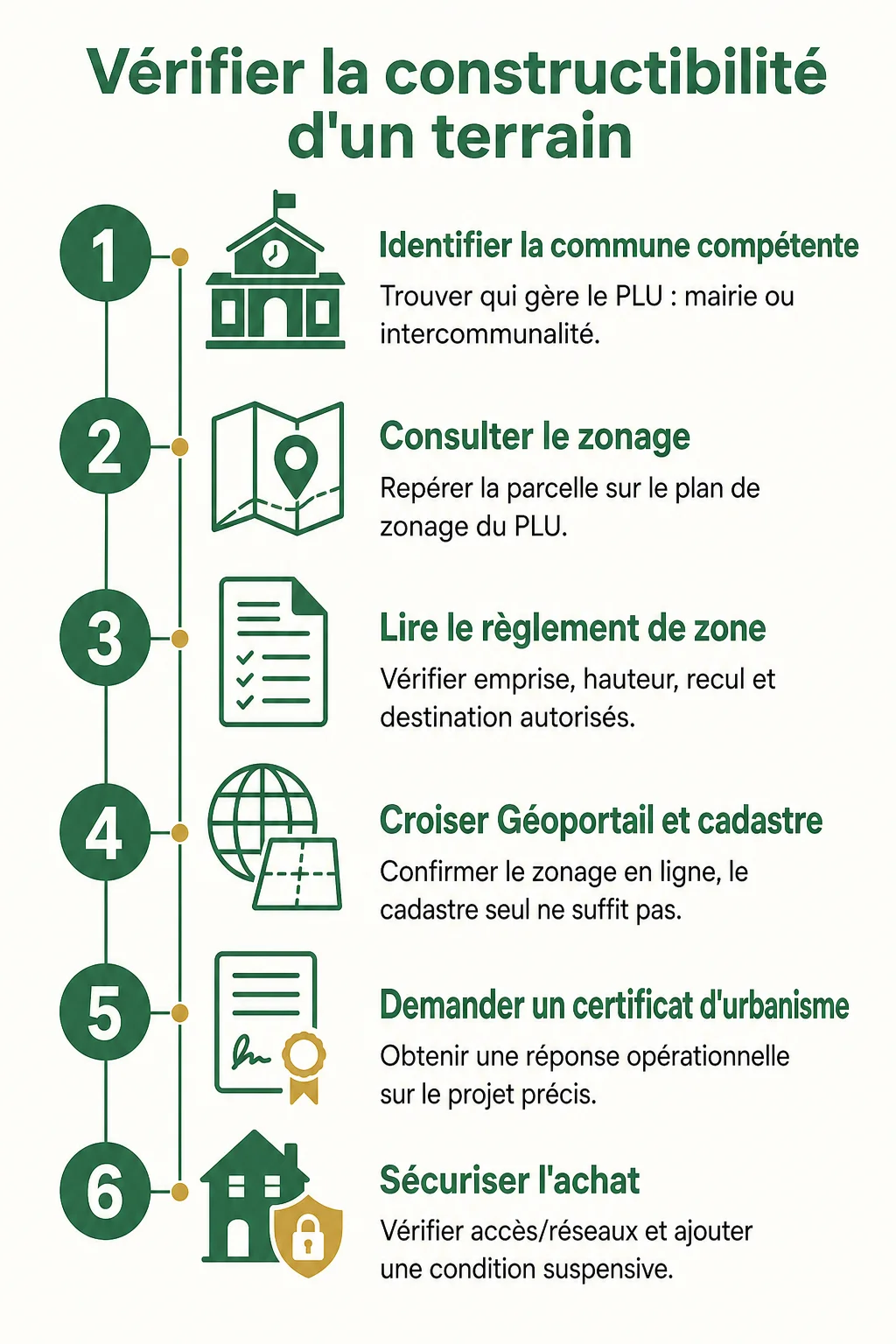 Vérifier la constructibilité d'un terrain : 1. Identifier la commune compétente, 2. Consulter le zonage, 3. Lire le règlement de zone, 4. Croiser Géoportail et cadastre, 5. Demander un certificat d'urbanisme, 6. Sécuriser l'achat