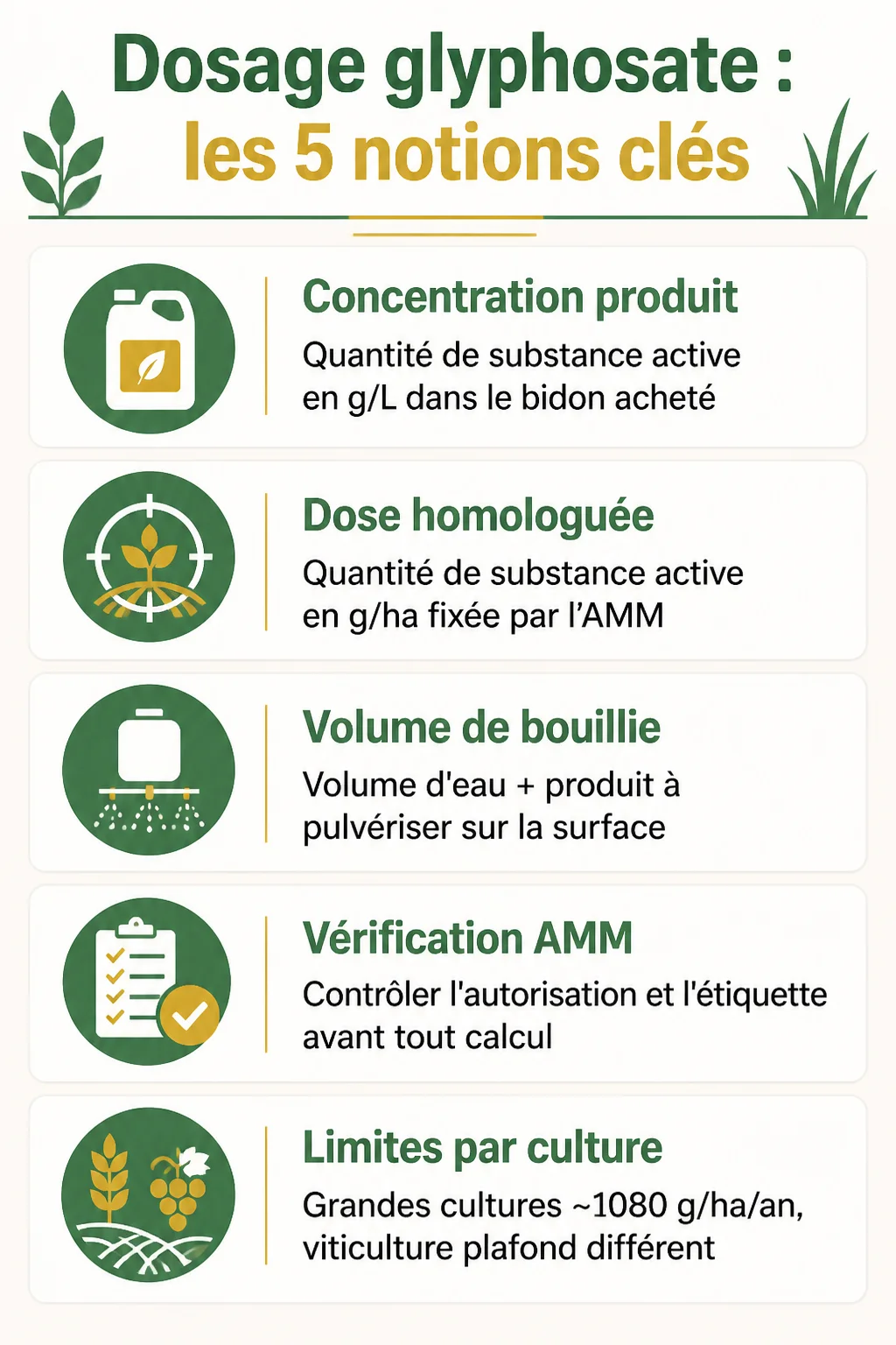 Dosage glyphosate : les 5 notions clés : Concentration produit, Dose homologuée, Volume de bouillie, Vérification AMM, Limites par culture
