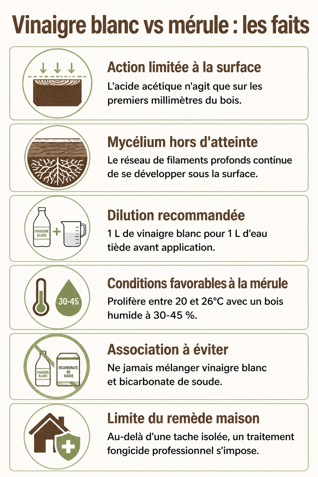 Vinaigre blanc vs mérule : les faits : Action limitée à la surface, Mycélium hors d'atteinte, Dilution recommandée, Conditions favorables à la mérule, Association à éviter, Limite du remède maison