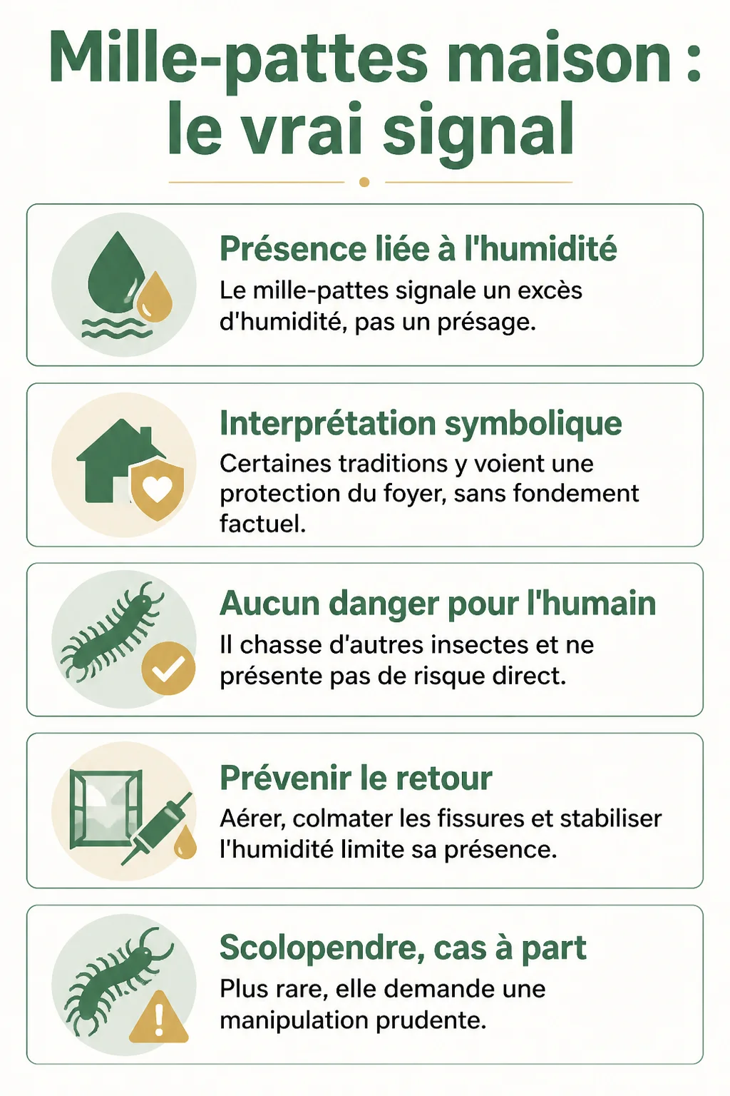 Mille-pattes maison : le vrai signal : Présence liée à l'humidité, Interprétation symbolique, Aucun danger pour l'humain, Prévenir le retour, Scolopendre, cas à part