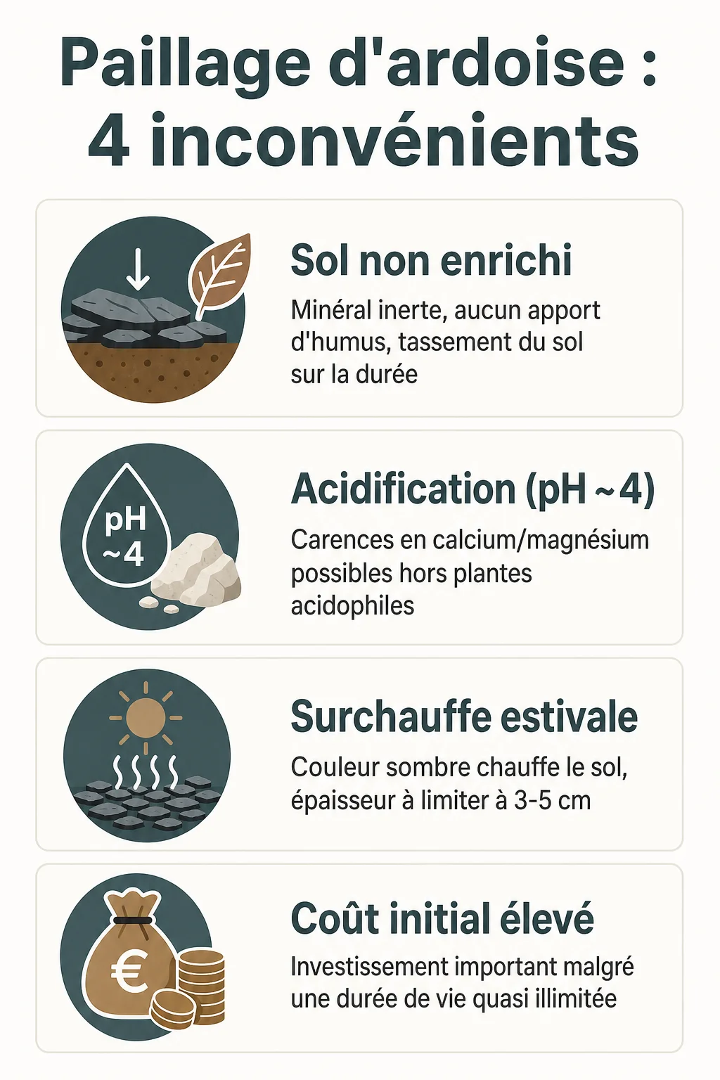 Paillage d'ardoise : 4 inconvénients : Sol non enrichi, Acidification (pH ~4), Surchauffe estivale, Coût initial élevé