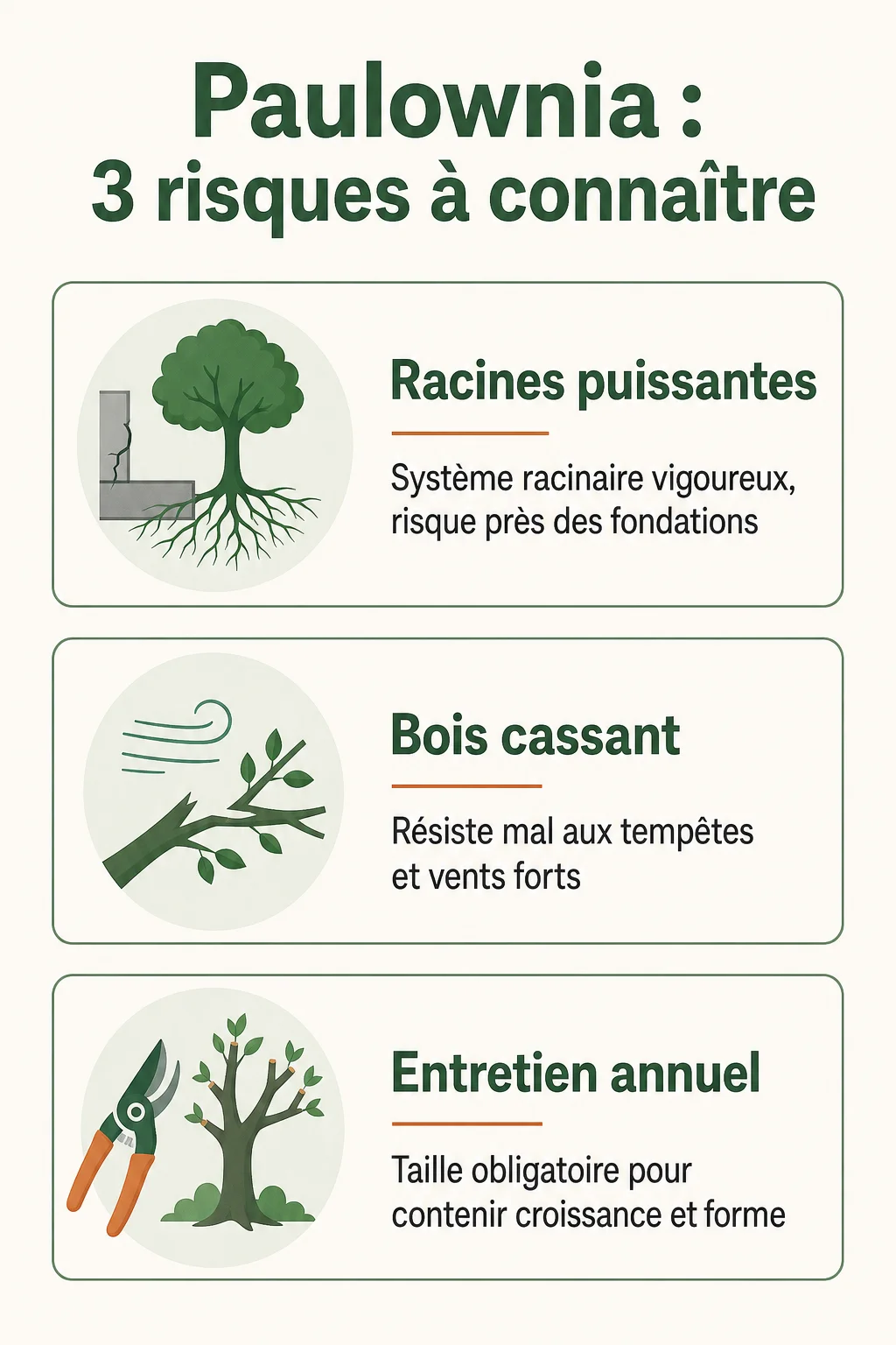 Paulownia : 3 risques à connaître : Racines puissantes, Bois cassant, Entretien annuel