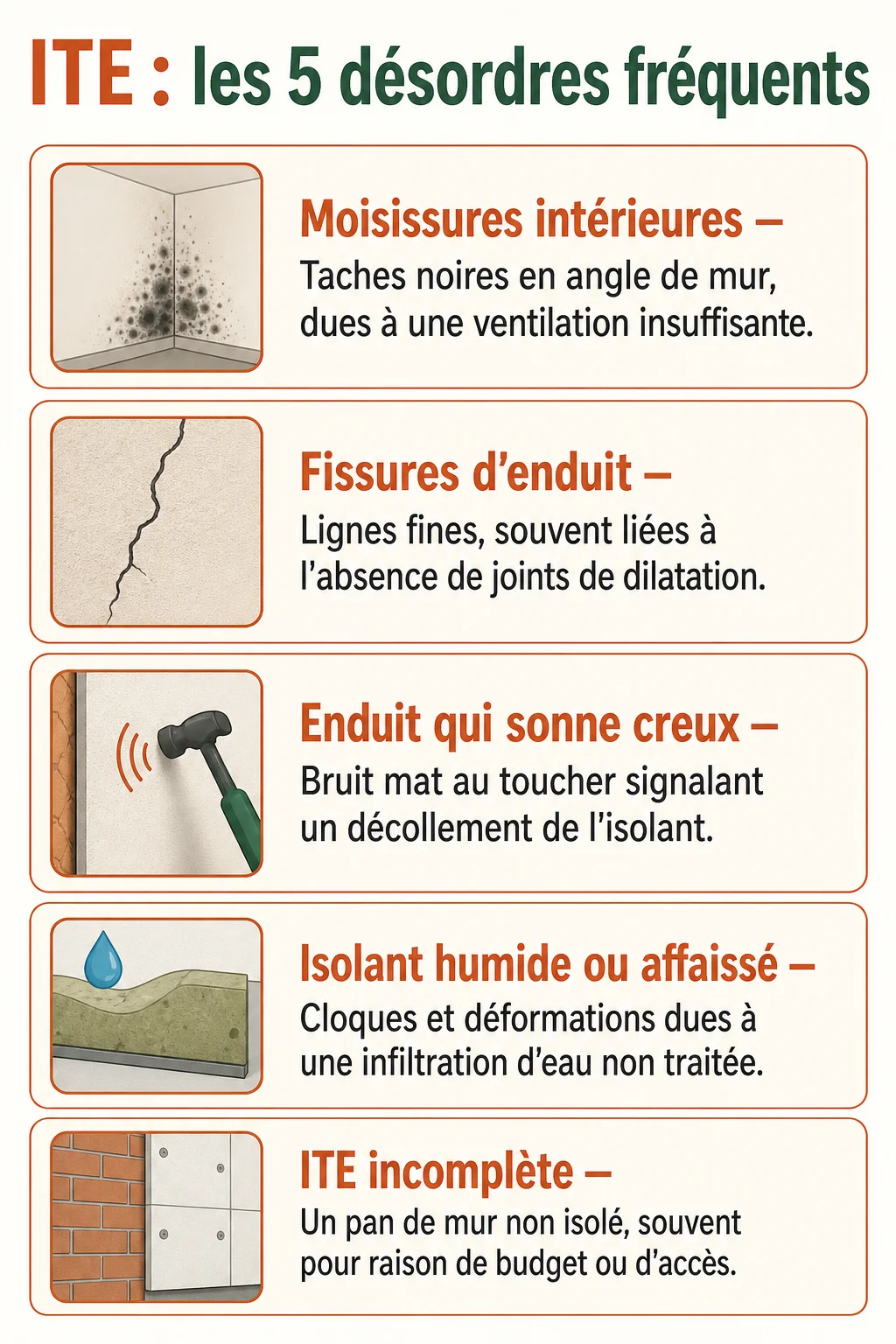 ITE : les 5 désordres fréquents : Moisissures intérieures, Fissures d'enduit, Enduit qui sonne creux, Isolant humide ou affaissé, ITE incomplète