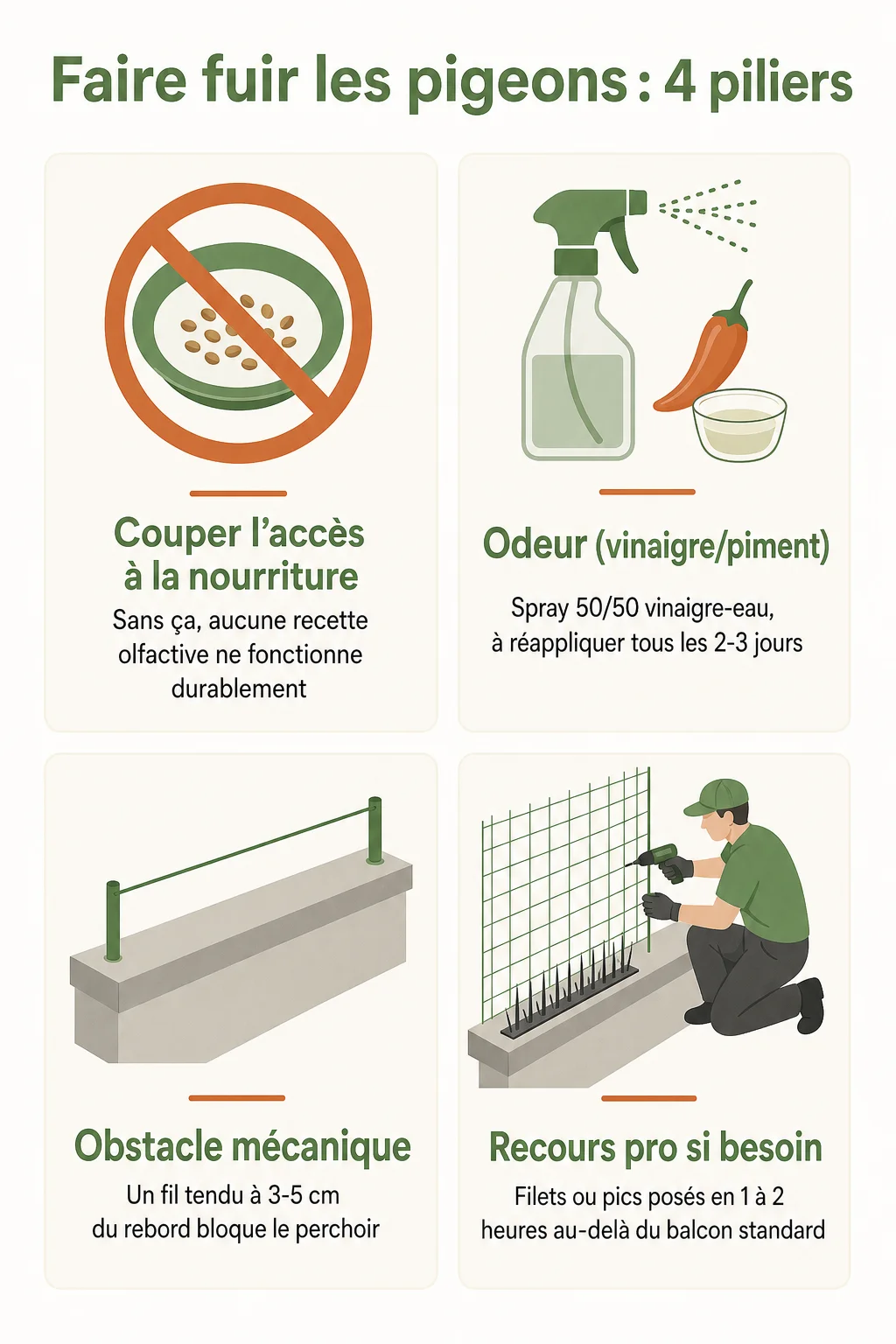 Faire fuir les pigeons : 4 piliers : Couper l'accès à la nourriture, Odeur (vinaigre/piment), Obstacle mécanique, Recours pro si besoin