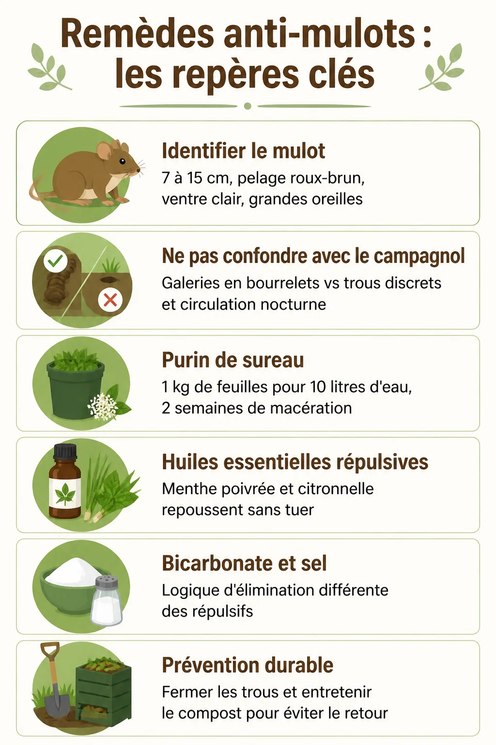 Remèdes anti-mulots : les repères clés : Identifier le mulot, Ne pas confondre avec le campagnol, Purin de sureau, Huiles essentielles répulsives, Bicarbonate et sel, Prévention durable