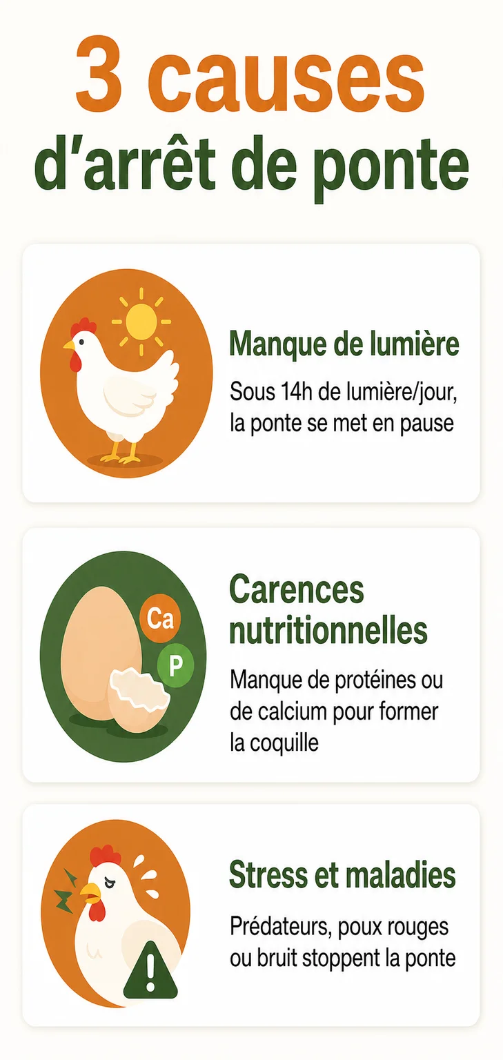 3 causes d'arrêt de ponte : Manque de lumière, Carences nutritionnelles, Stress et maladies