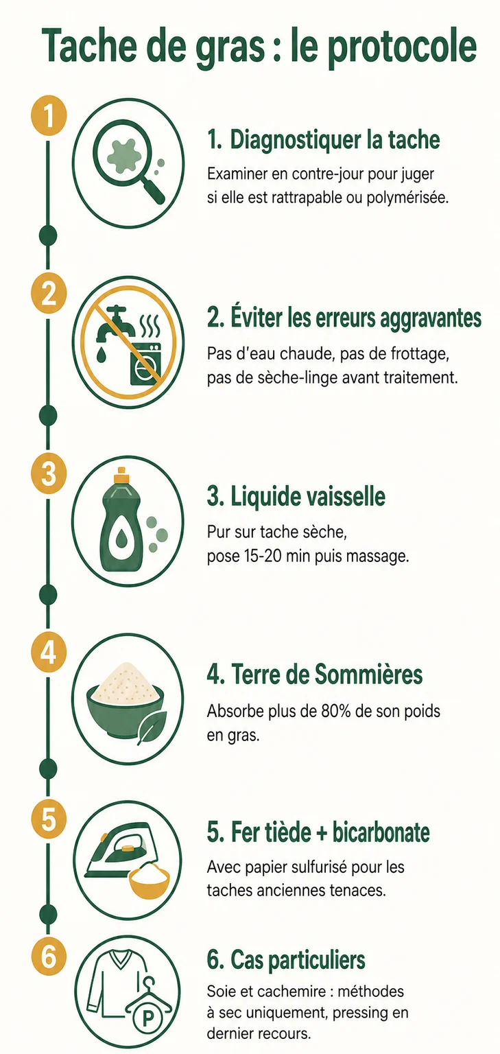 Tache de gras : le protocole : 1. Diagnostiquer la tache, 2. Éviter les erreurs aggravantes, 3. Liquide vaisselle, 4. Terre de Sommières, 5. Fer tiède + bicarbonate, 6. Cas particuliers