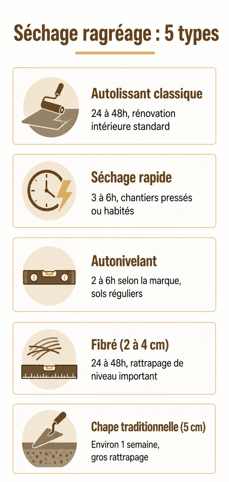 Séchage ragréage : 5 types : Autolissant classique, Séchage rapide, Autonivelant, Fibré (2 à 4 cm), Chape traditionnelle (5 cm)