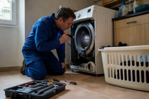 Technicien diagnostiquant l'amortisseur d'une machine à laver bruyante dans une buanderie