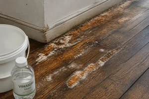 Plancher en bois atteint par la mérule avec filaments blancs et seau de vinaigre blanc pour le traitement