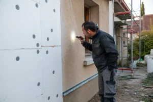 Artisan examinant une fissure sur une façade en cours d'isolation thermique par l'extérieur