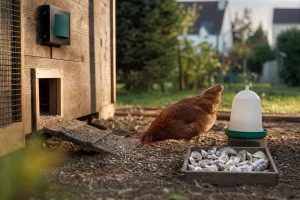 Poule rousse picorant près d'un bac à coquilles dans un poulailler en bois au jardin