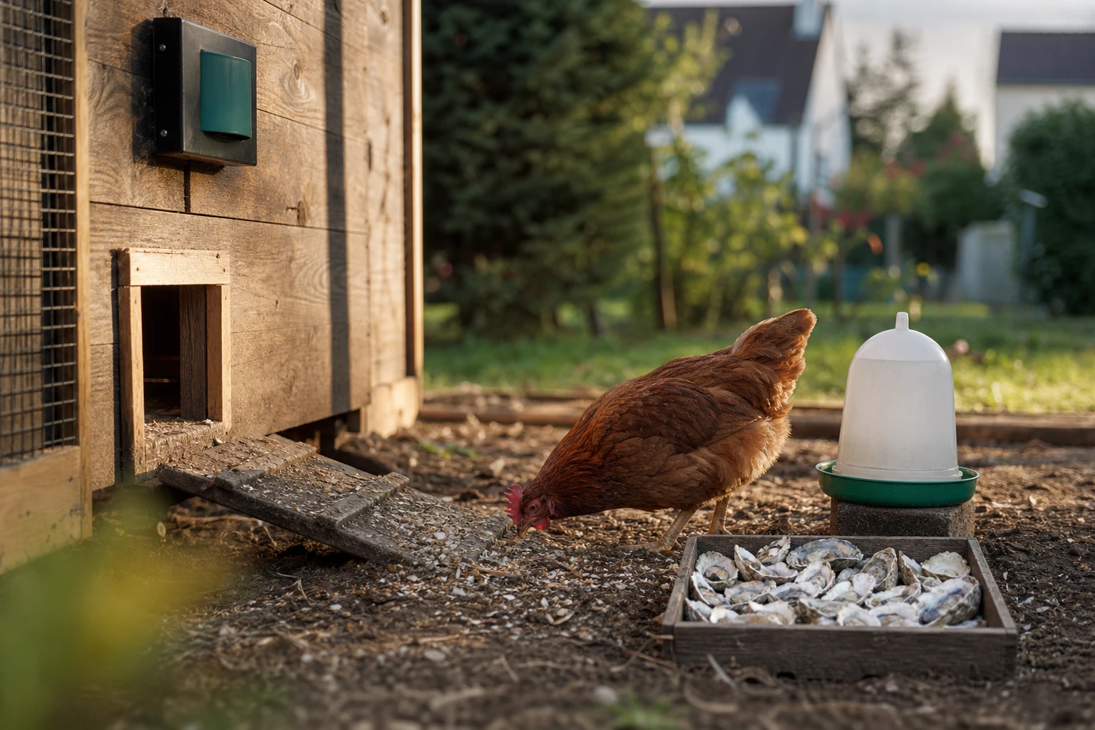 Poule rousse picorant près d'un bac à coquilles dans un poulailler en bois au jardin