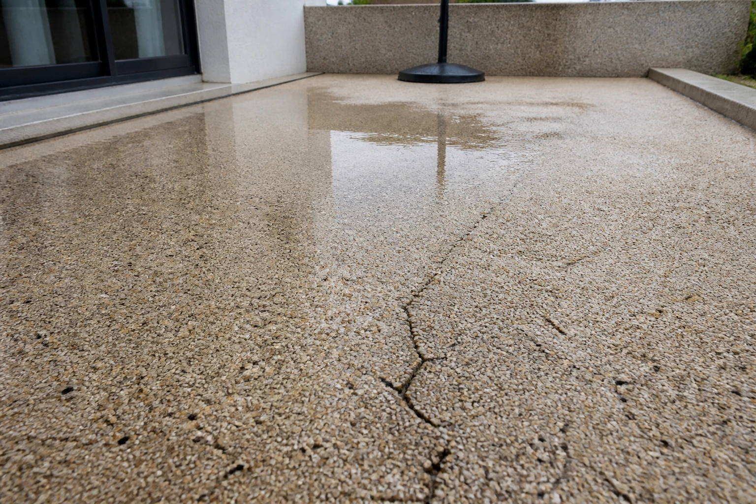 Terrasse en revêtement Hydroway avec une fissure et de l'eau stagnante après la pluie