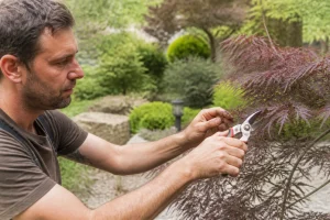 Jardinier taillant au sécateur les branches d'un érable du Japon pourpre en fin d'été