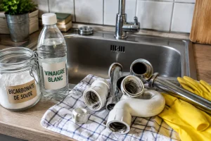 Siphon d'évier démonté avec produits naturels pour traiter une infestation d'asticots dans la maison