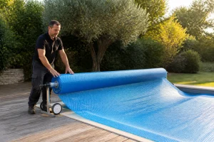 Homme déroulant une bâche à bulles sur une piscine, bulles orientées vers l'eau