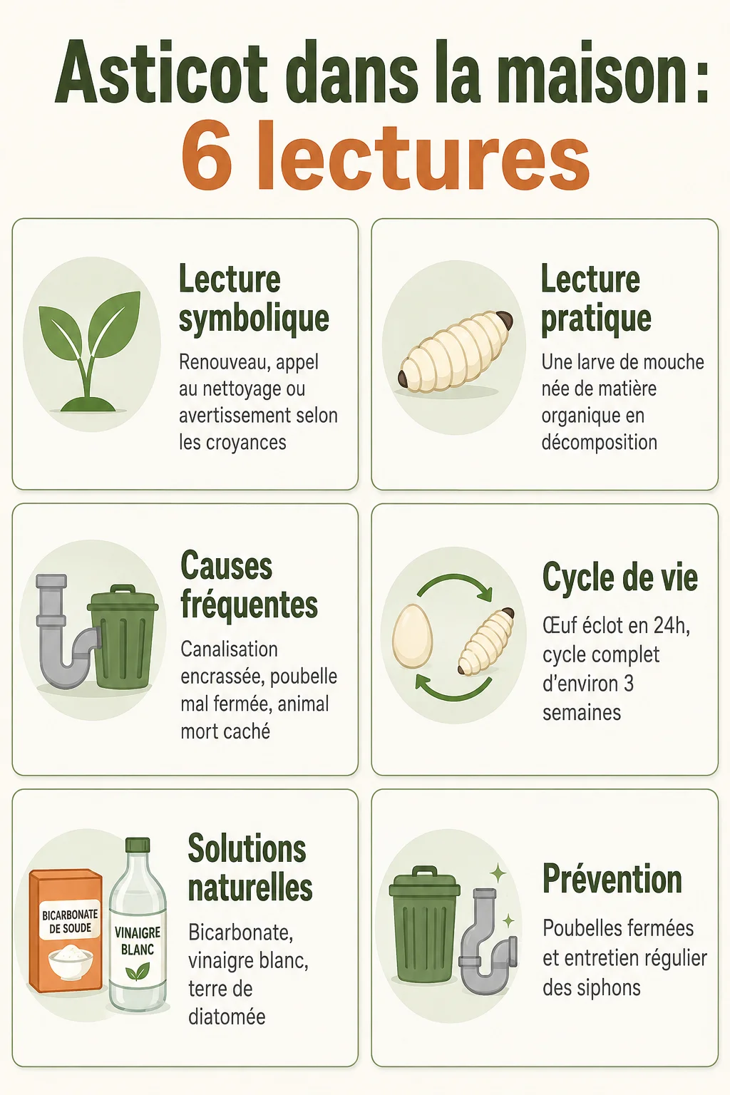 Asticot dans la maison : 6 lectures : Lecture symbolique, Lecture pratique, Causes fréquentes, Cycle de vie, Solutions naturelles, Prévention