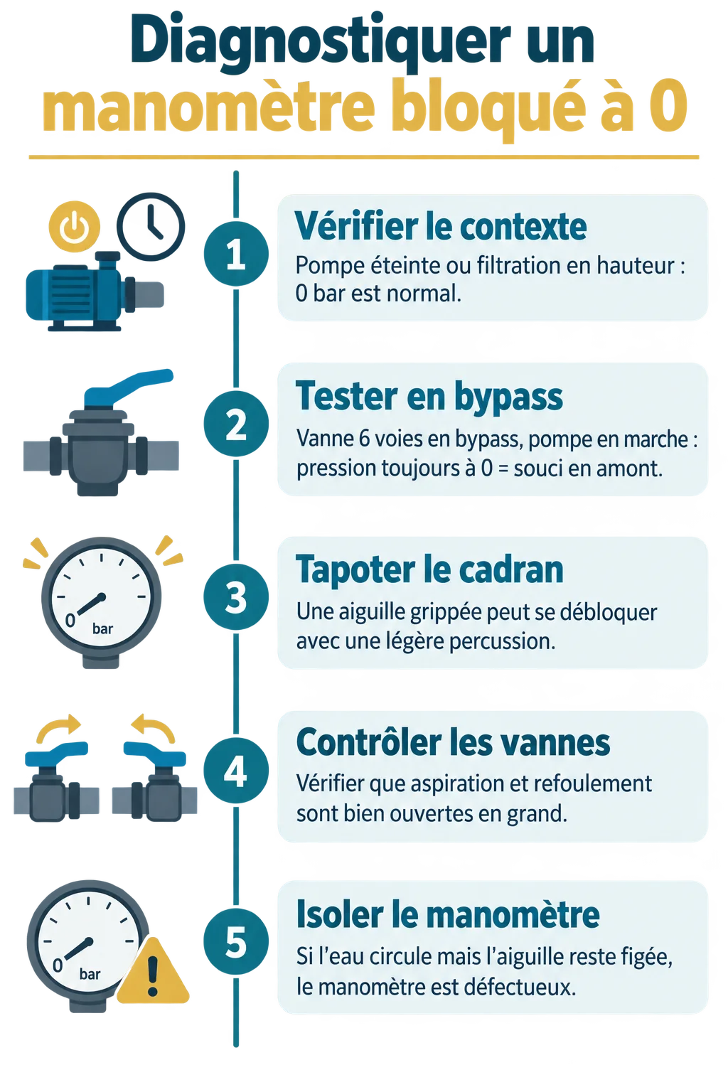 Diagnostiquer un manomètre bloqué à 0 : 1. Vérifier le contexte, 2. Tester en bypass, 3. Tapoter le cadran, 4. Contrôler les vannes, 5. Isoler le manomètre